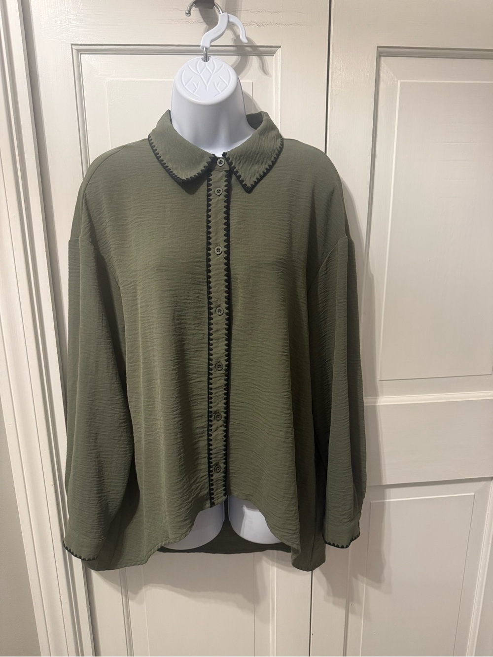 Adrianna Papell Olive Green Button-Down Blouse with Black Trim